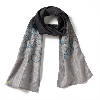 Navy Embroidered Silk Scarf